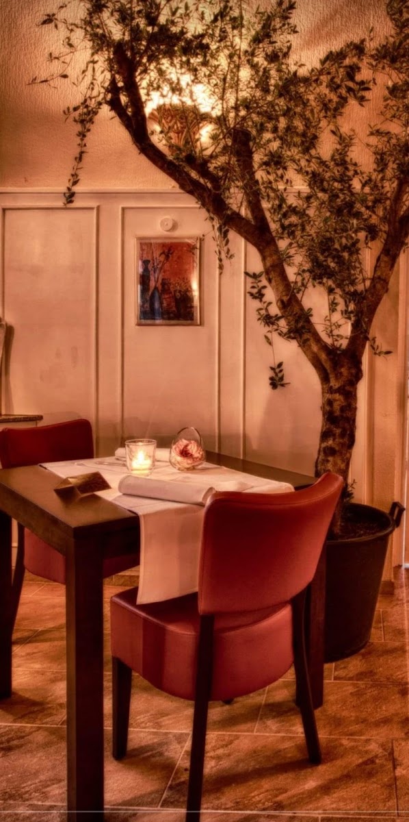 Stilvoll eingedeckter Tisch im Innenraum des Ristorante Kaiserhof, unter einem Olivenbaum